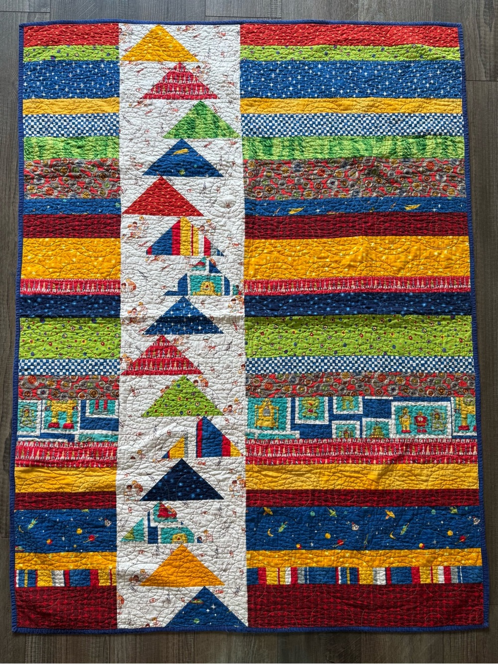 Handmade Modern Geometric Patchwork Floor Quilt Play Mat Space Rocket 67x51